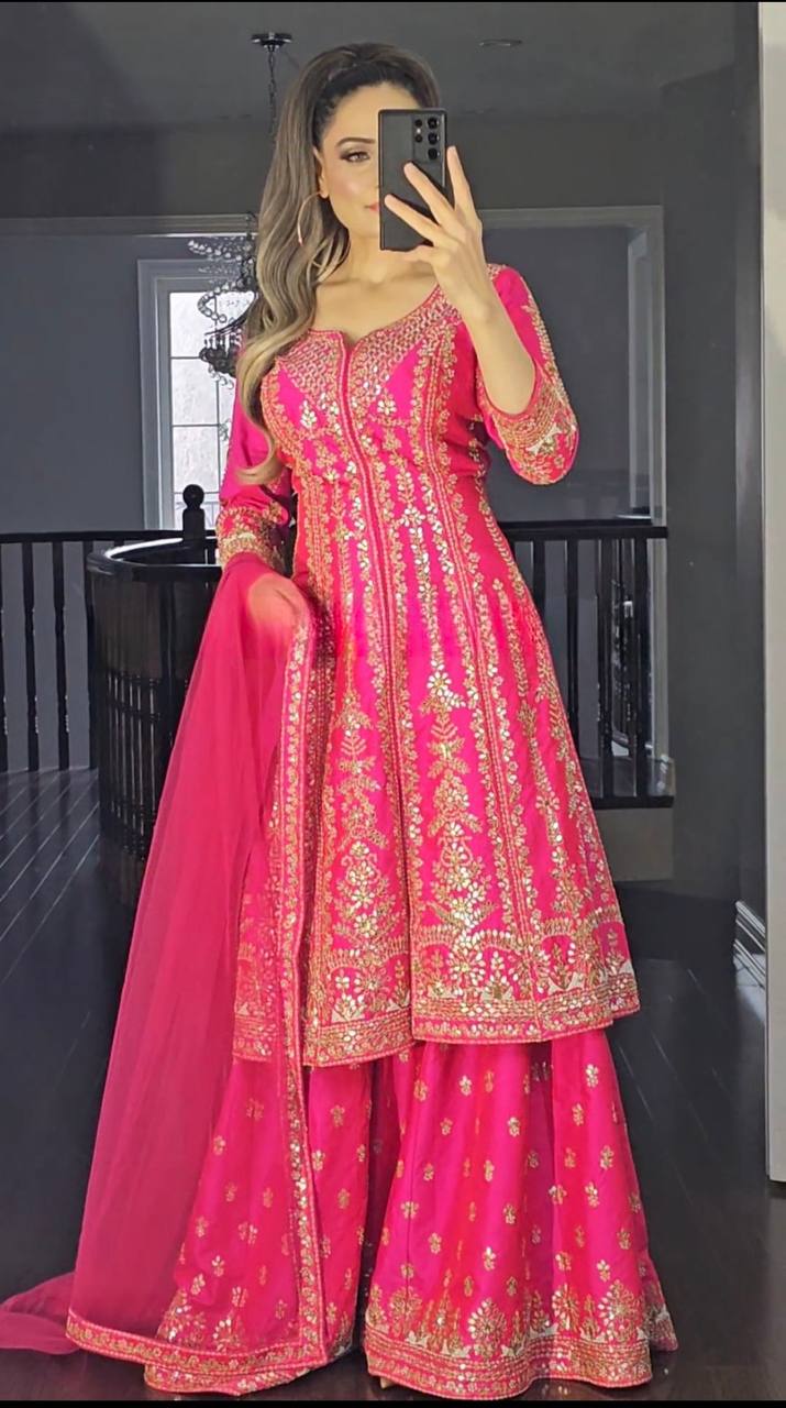 Modern Magenta Heavy Embroidered Ensemble